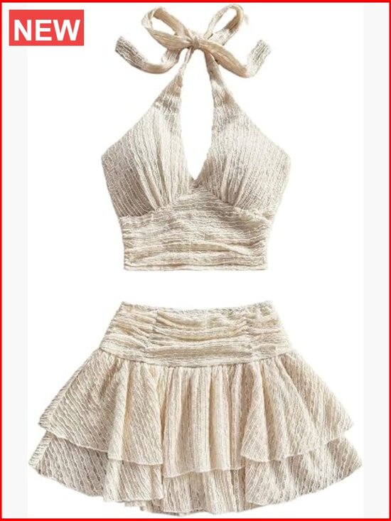 Dresses & Skirts - 2 Piece Beach Vacation Outfit Ruched Halter Crop Top Ruffle Mini Skirt Set